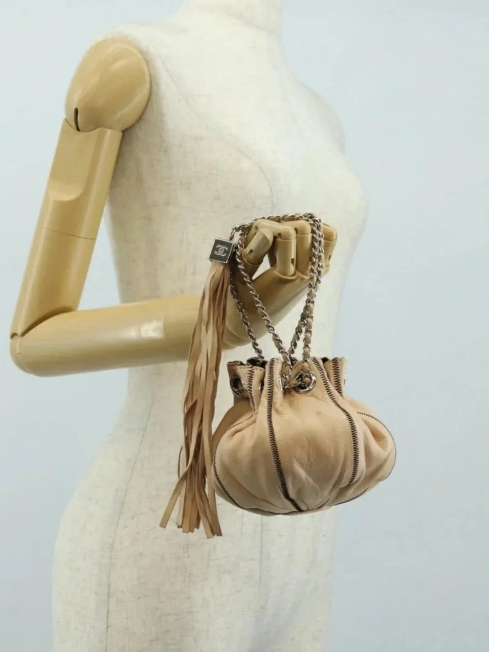 CHANEL Chain Purse Hand Bag Lamb Skin Beige Silver CC Auth bs35366V
